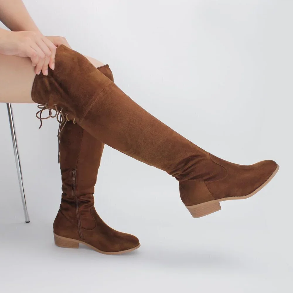 Women's Brown Faux Suede Thigh High Over The Knee Black Low Flat Heel Boots